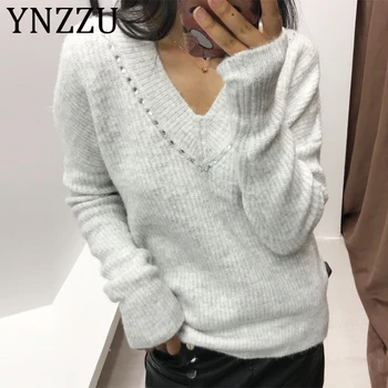

YNZZU Sexy V-neck knitted Winter Sweater Women Elegant Cashmere Soft Beading Female Pullover 2019 Fall Loose Jumper Tops AT380