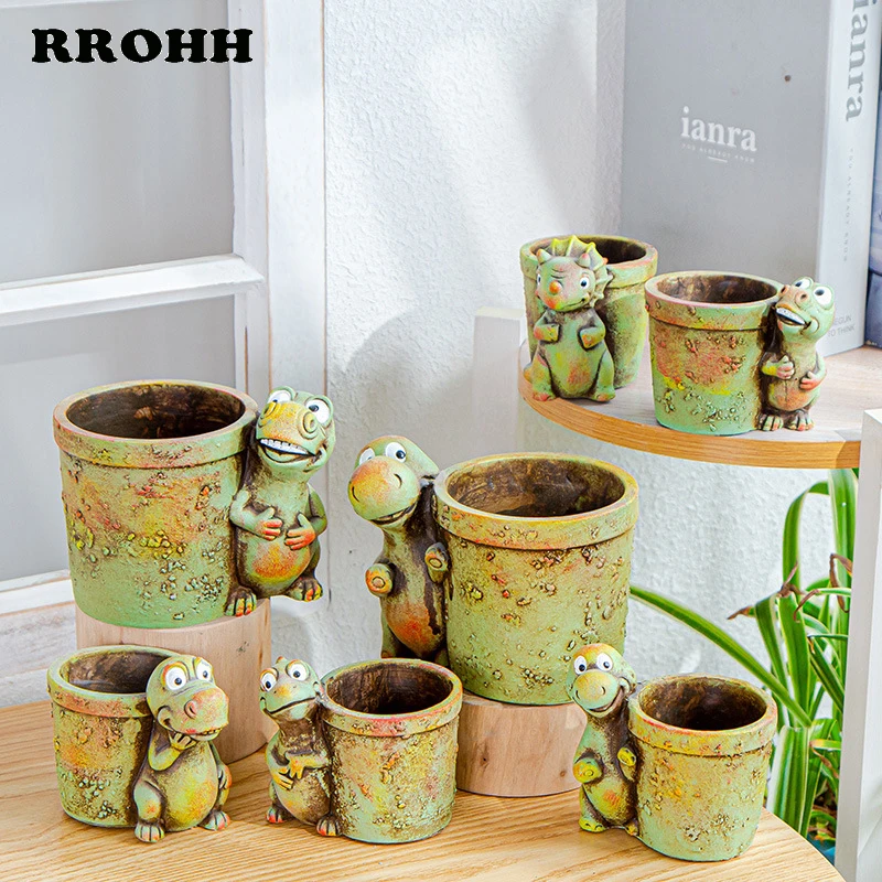 

Cartoon Dinosaur Succulent Plant Flower Pot Creative Indoor Style Cement Flower Pot Hand-painted Without Holes No Water Leakage