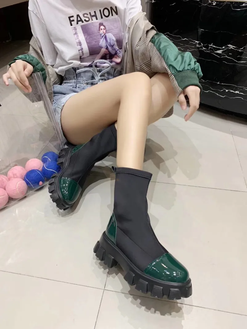 Ботинки «Челси»; женские эластичные ботинки из натуральной кожи в стиле пэчворк; разноцветные ботинки на толстой платформе с круглым носком; женская обувь; botas mujer
