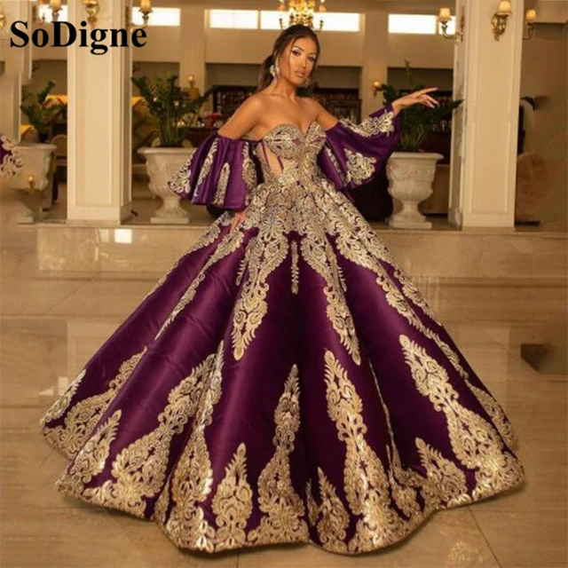 SoDigne Purple Formal Evening Dresses Sweetheart Half Sleeve Gold Lace  Applique Kaftan Caftan Arabic Long Prom Gowns - AliExpress