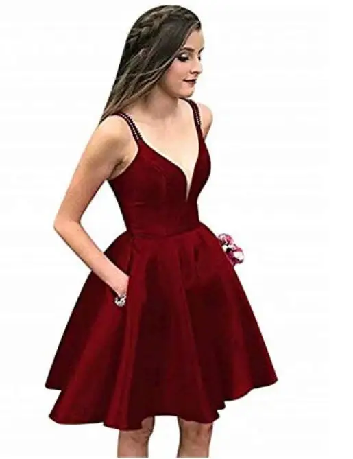 Атласное короткое платье для выпускного вечера Спагетти спинки бисером с карманами Выпускные вечерние платья для девушек размера плюс платье для выпускного вечера - Цвет: Burgundy