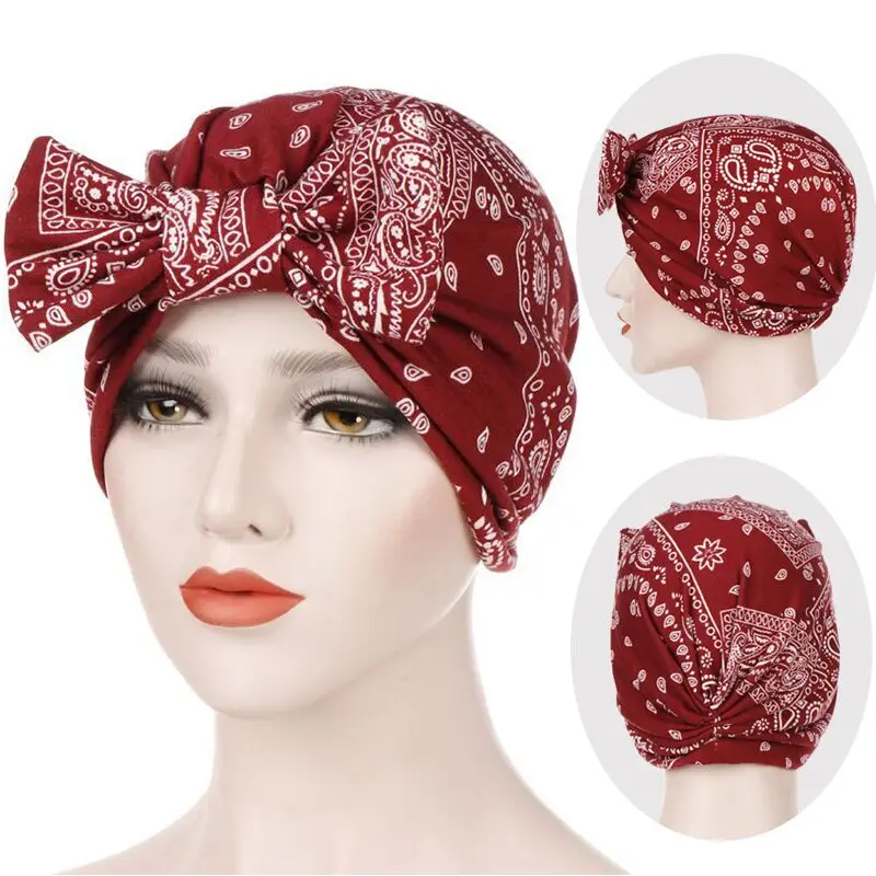Women Vintage Elastic Printed Turban Removable Bowknot Head Wrap