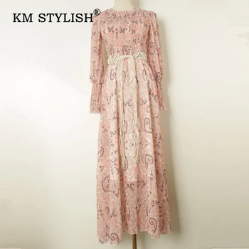 

Women Bohemia Long Dress Floral Print Colorful Slim Holiday Long-sleeve Dresses Puff-sleeve O-neck Dress