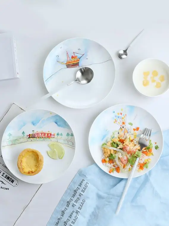 

1pc 8 inch Creative Ceramic plate Fruit cake dish circular disc Cartoon western plate dinner plates tableware