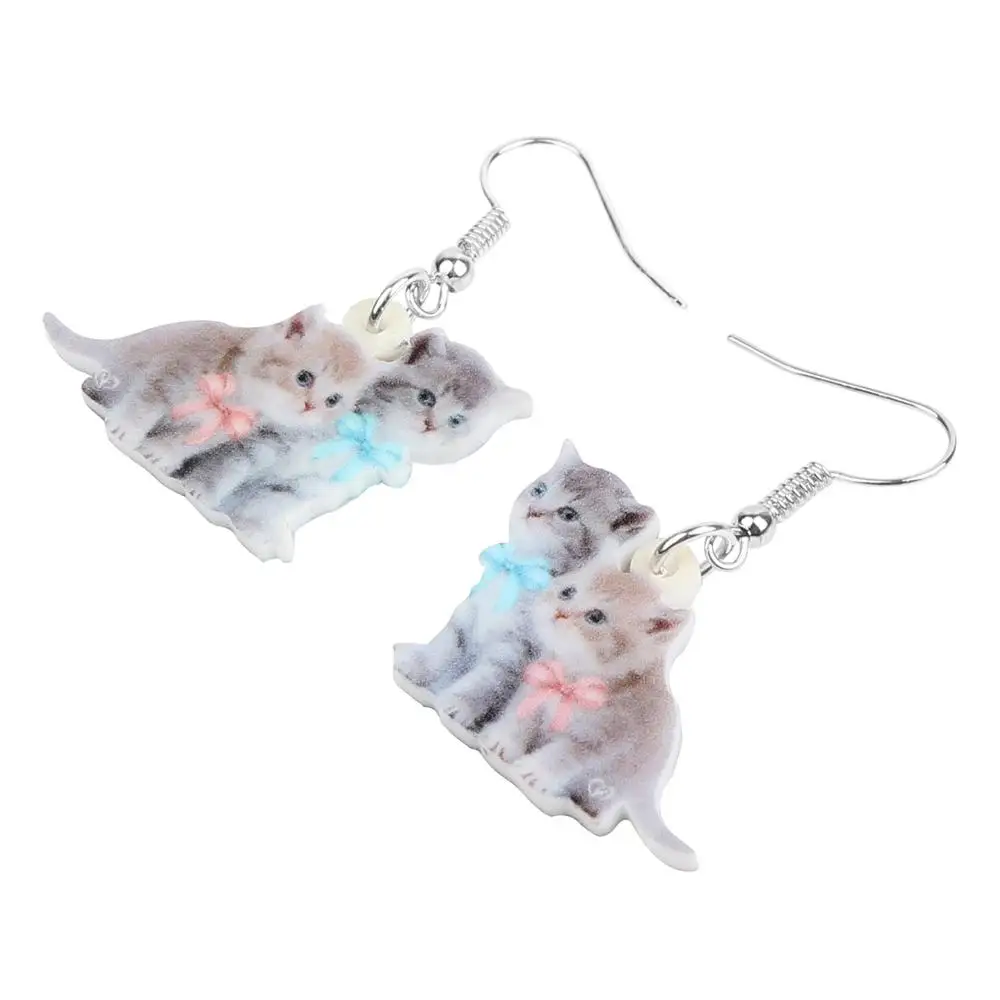 Bonsny Acrylic Double Bow-knot Cat Kitten Earrings Drop Dangle Animal Jewelry For Women Girls Teen Kid Decoration Gift Accessory drop earrings dangle earrings animal earrings acrylic earrings