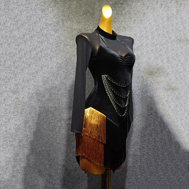 Latin Dance Dress Mesh Long Sleeved Dresses Latin Fringed Skirt Salsa Rumba Cha Cha Samba Tango Competition Performance