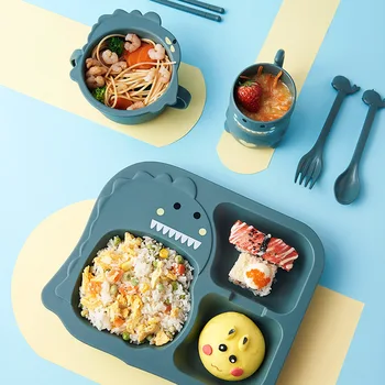 

Cartoon Children's Dinner Plate Grid Elementary School Students Eating Bowl Kindergarten Baby Tableware Anti-drop Tableware