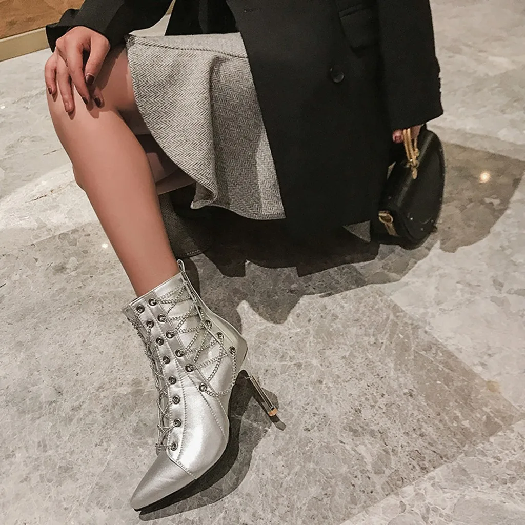 SAGACE Women Lady Thin Heels Pointed Toe Chain Stylish Retro Punk Sexy Shoes Boots Fashion Zip female boot travel hot August 21