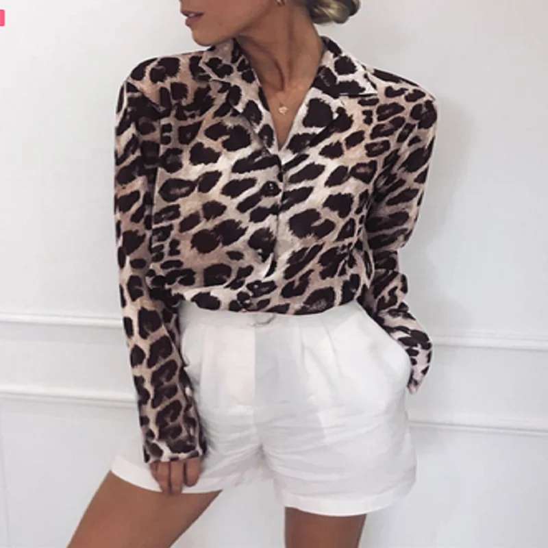 Fashion new long-sleeved casual leopard print V-neck chiffon ladies top
