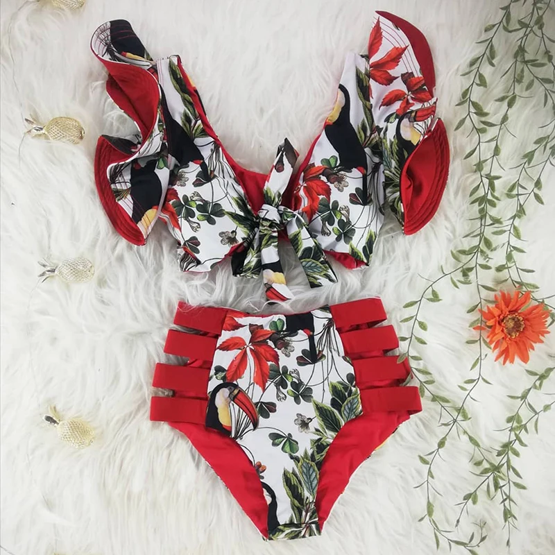 Floral Ruffled Bikini Set Women V-neck High Waist Two Piece Swimsuit