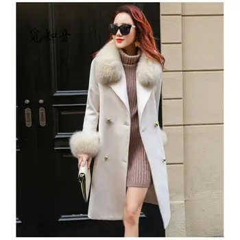 

Plus Size Winter Overcoat Fashion Wool Coat With Fur Korean Style Double-Breasted Ladies Elegant Coats Bandage Slim Jacket f1688