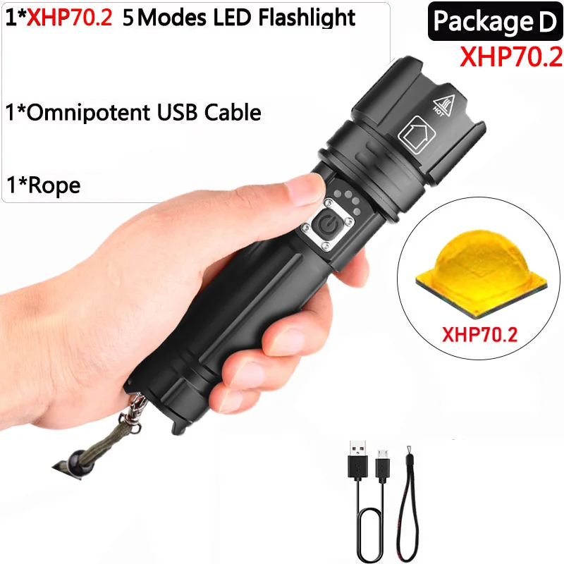 Package D Яркий Перезаряжаемый светодиодный светильник-вспышка XHP70.2 XHP90, мощный фонарь, супер водонепроницаемый охотничий светильник с зумом, 18650 или 26650 Battey - Испускаемый цвет: Package D