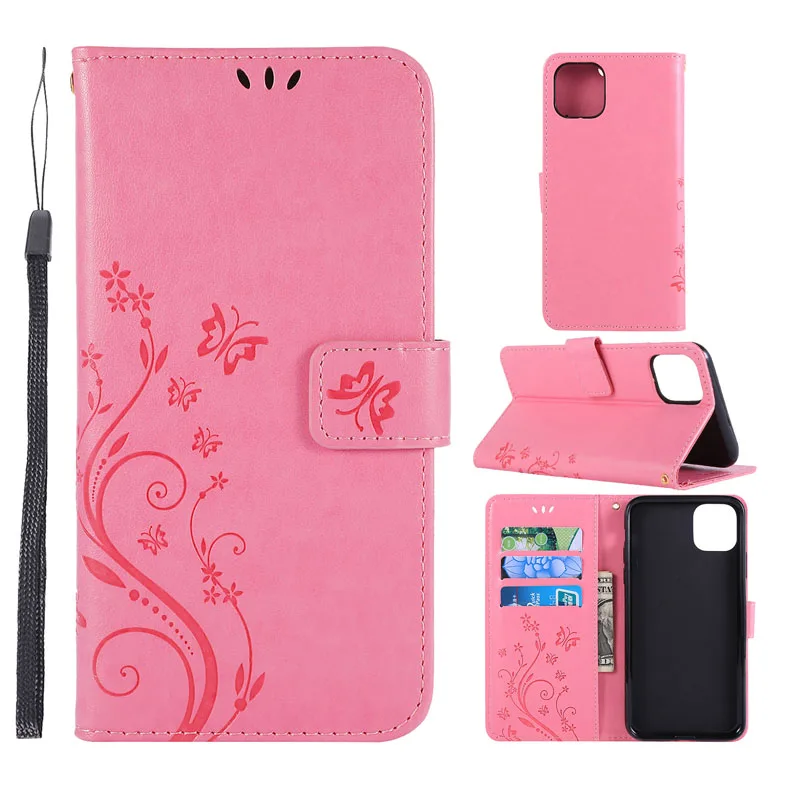 Кожаный чехол-бумажник с бабочкой для iphone 11 pro max 5 6 6S 7 8 plus X XS XR панель мобильного телефона с подставкой Держатель для карт откидная крышка - Цвет: Deep pink