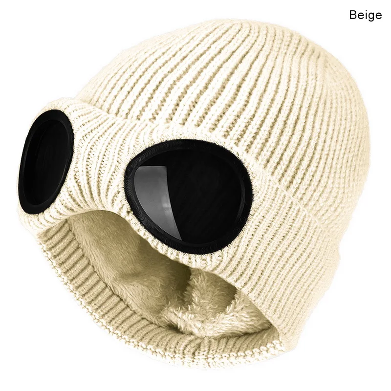 beige Зимние теплые вязаные шапки Новая мода унисекс для взрослых ветрозащитные Лыжные шапки со съемными очками утепленные спортивные многофункциональные шапки - Цвет: beige