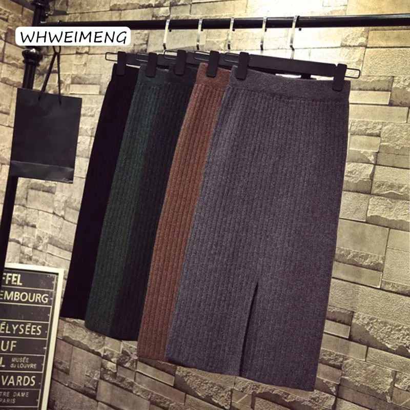 

WMWEIMENG High Waist Knitted Elegant Solid Pleated Mid Skirts Womens Black Green Brown Bag Hips Elastic Midi Women Skirt Female