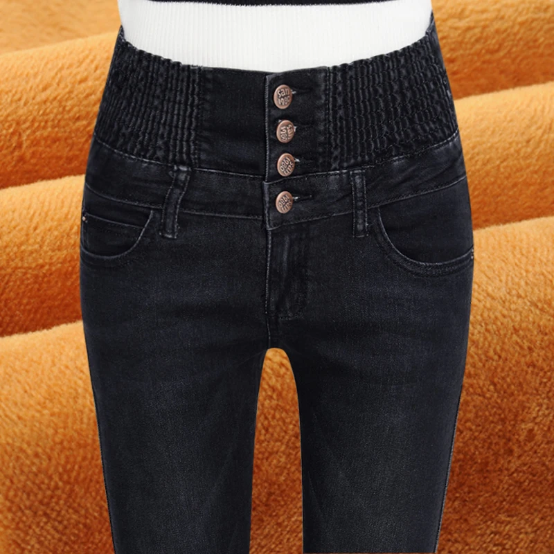 Женские зимние джинсы с высокой талией, обтягивающие штаны с флисовой подкладкой, джеггинсы с эластичной талией, повседневные джинсы больших размеров для женщин, теплые джинсы - Цвет: black with velvet