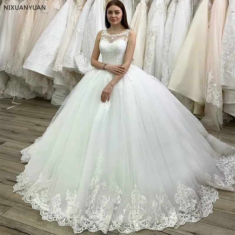 Новое поступление Vestido De Noiva Принцесса бальное платье свадебное платье глубокой круглой декольте апплике кружевное свадебное платье Robe De Mariee Chapel Train