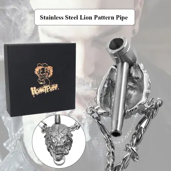 

HONEYPUFF Silver Lion Necklace Style Tobacco Pipe 340MM Stainless Steel Smoking Pipes Herb Metal Necklace With Gift Box