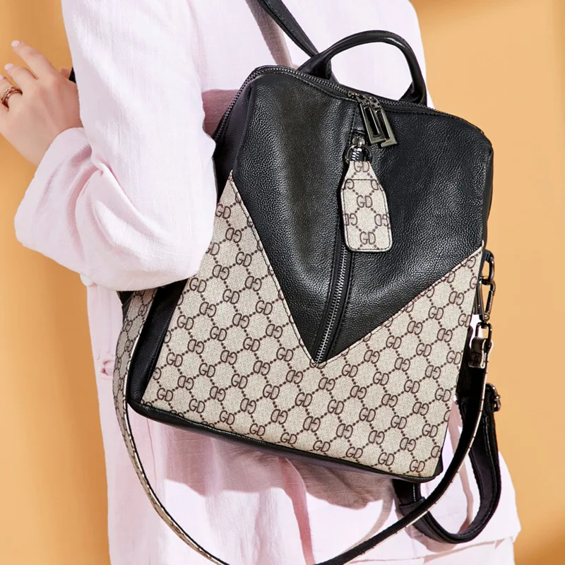 

P-F bag Women Backpack Denim Genuine Leather Rucksacks Shoulder Bags Teenager Casual School Girls travel Large Packbag outdoor