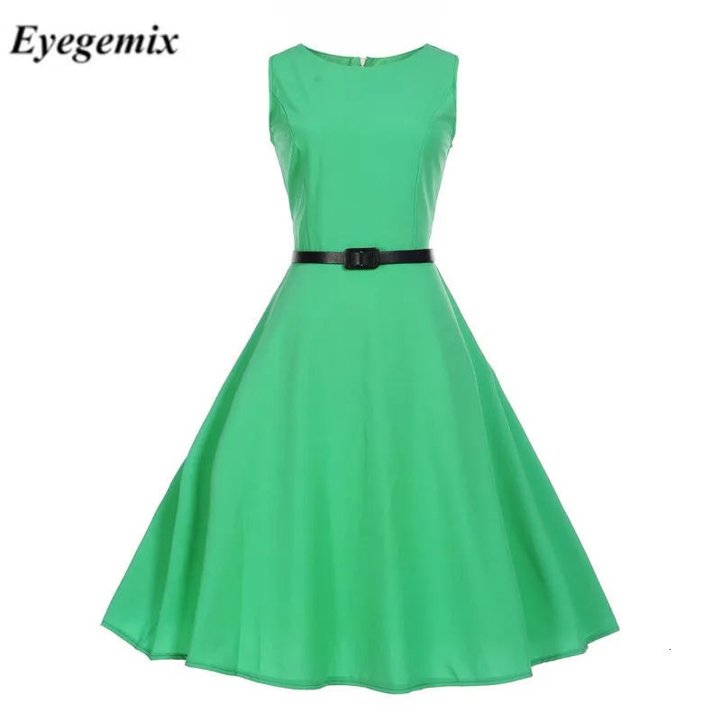 2019 Summer Audrey Hepburn 50s 60s Vintage Dress For Women Evening Party Rockabilly Dresses Solid Color Red Green Clothing |