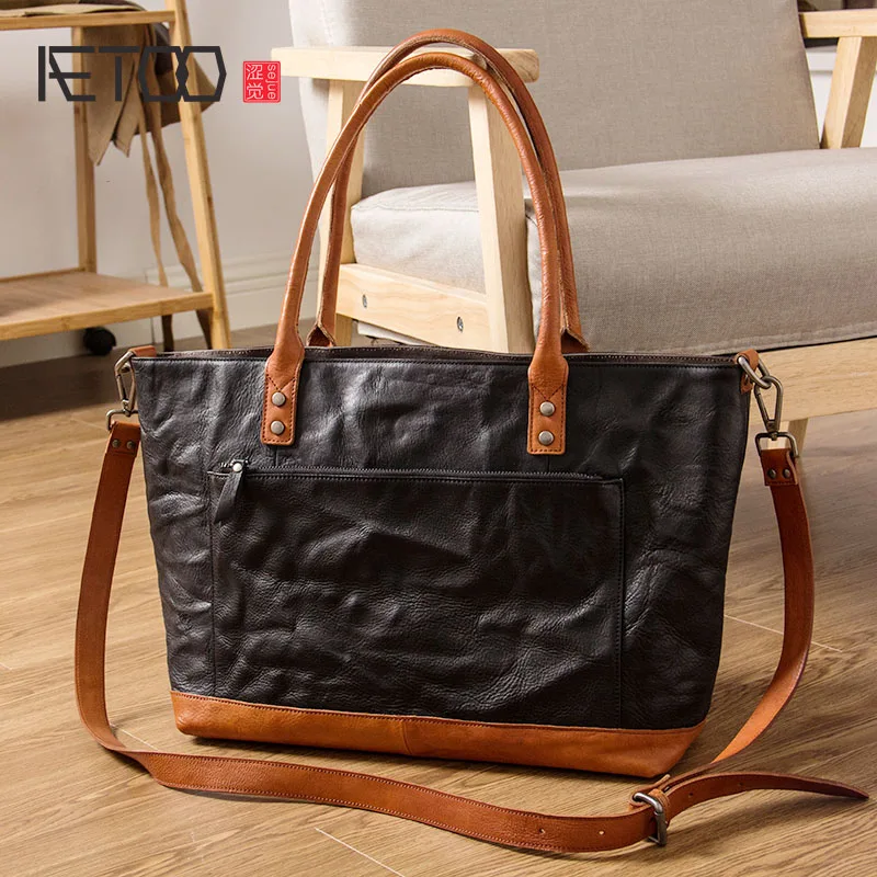 

BJYL Leather shoulder bag, casual retro handbag, men's trend-planting leather large-capacity handbag