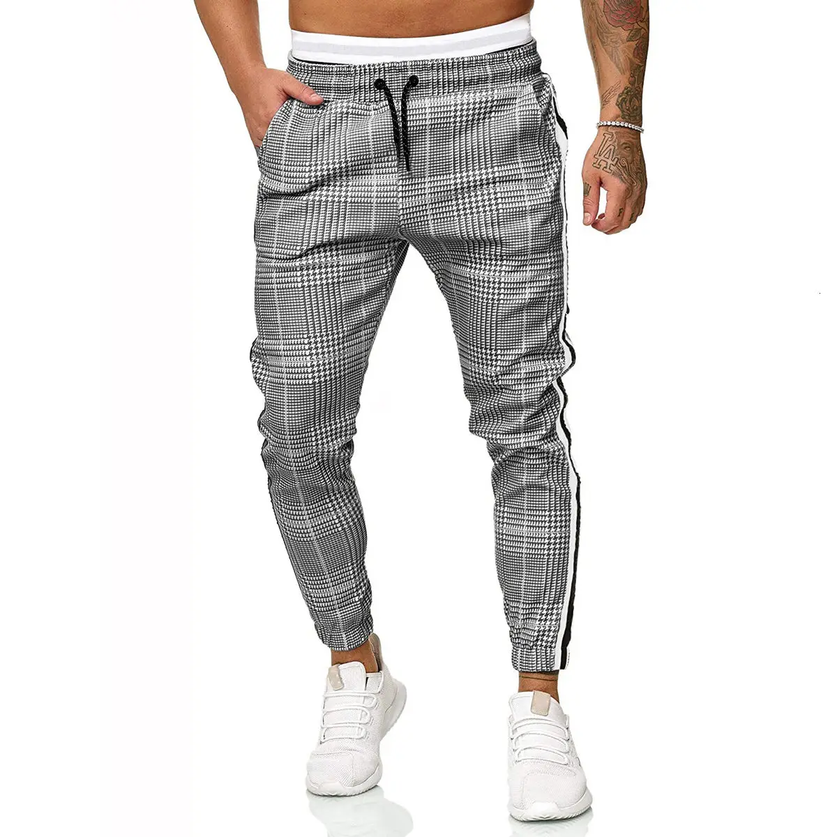 

Men's slim fit ribbon Plaid print lanyard belt casual corset pants trousers men joggers gym clothing sweatpants