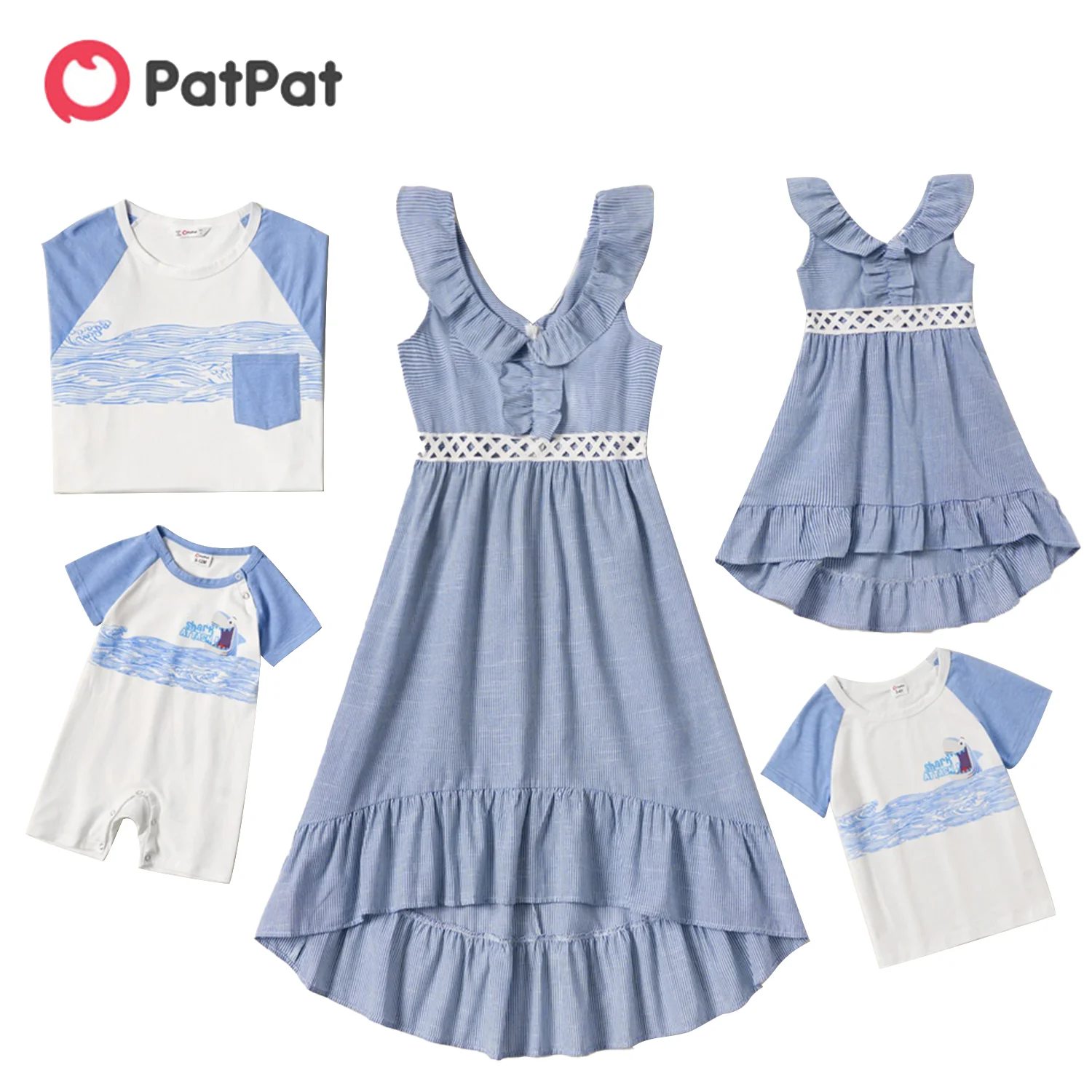 Series-Sets Casual Mosaic Patpat Light-Blue V-Neck-Dresses-Shark-Rompers-Tops 100%Cotton