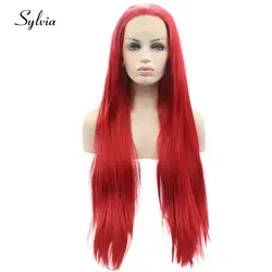 Sylvia красные синтетические парики на кружеве средней части длинные шелковистые прямые термостойкие волокна для женщин