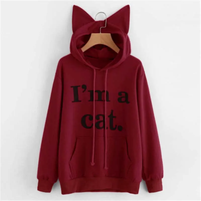 Wine red I'm a cat с буквенным принтом, толстовка с кошачьими ушками, обычный пуловер с капюшоном и длинным рукавом, осенняя Женская толстовка для девочек, большой размер 3XL - Цвет: Wine red