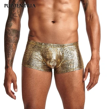 

Puimentiua Mens Snake Skin Imitation Leather Underwear Boxers Crotchless Boxer Shorts Men U Convex Low Waist Male Underpants