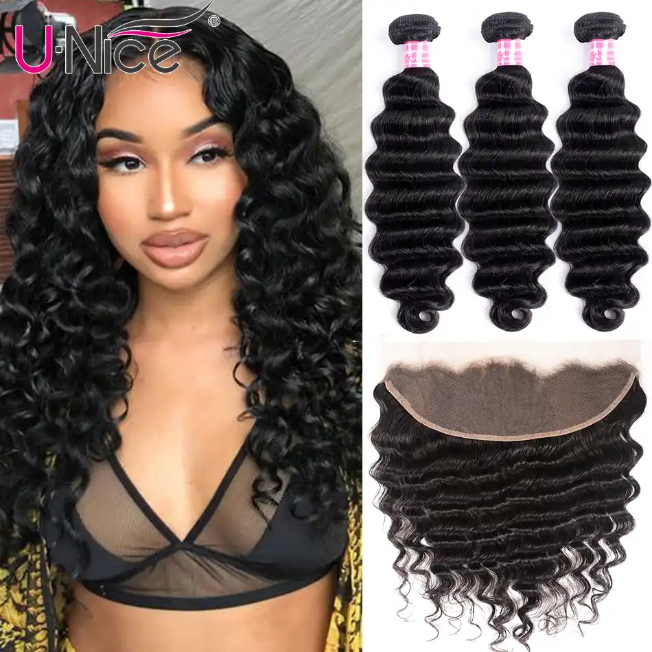 Unice Hair Loose Deep Wave 3 4 Bundles With Frontal Remy Human