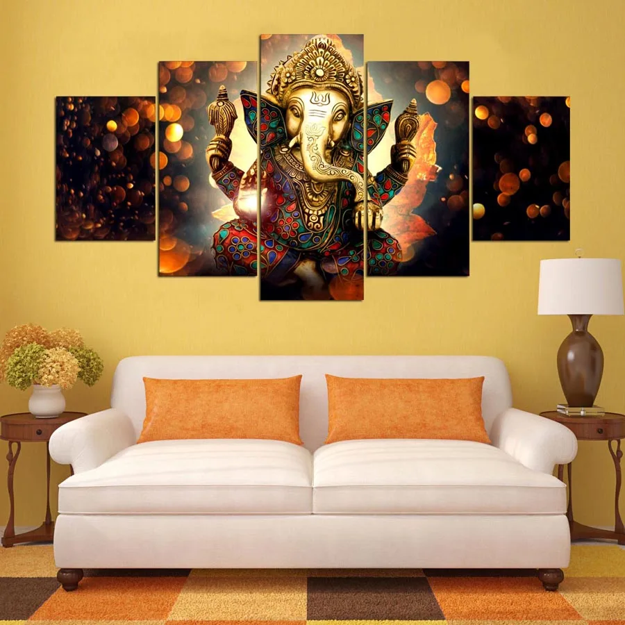 

Religion Poster The Hindu God Elephant 5 Panel India Style Canvas Painting for Living Room Bedroon Decor Prints No Frame