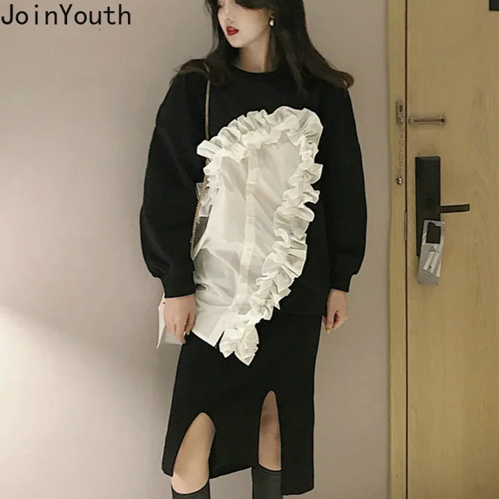 Joinyouth белая черная Лоскутная Длинная блузка рубашка весенние модные женские Топы с длинным рукавом однобортная блуза с разрезом 56925