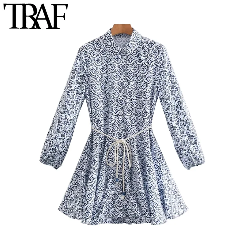TRAF-Vintage Vestido corto de manga larga para mujer, Vestido corto con estampado de cinturón y volantes