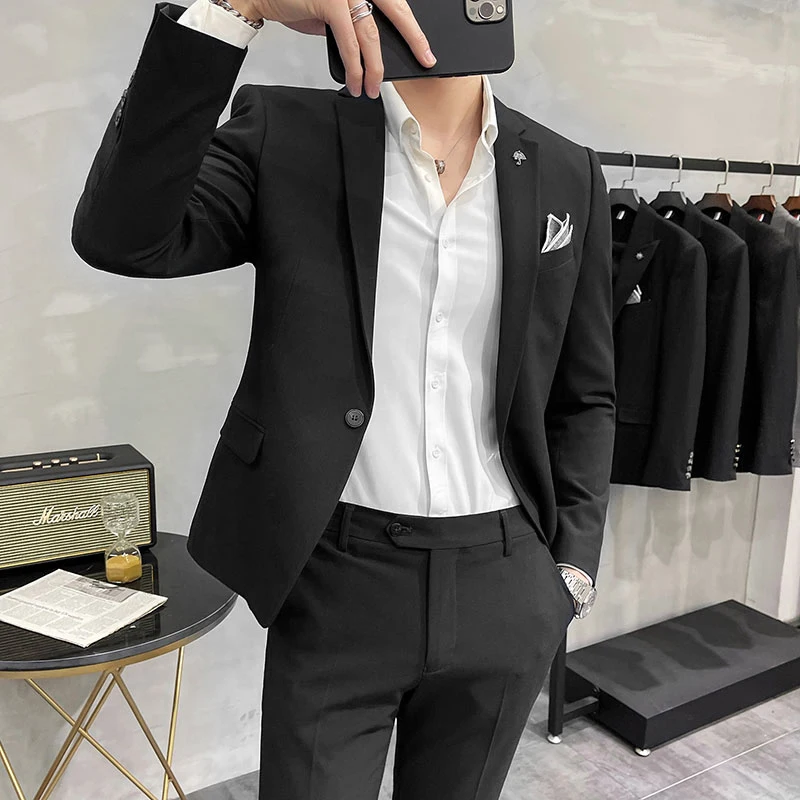 Men's Suit Jacket with Pant Formal Slim Fit Business Work Wedding Stage Tuxedo Fashion Best Men Social Dress Suit 2 Pieces Sets 3