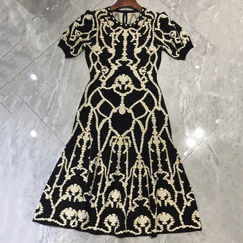 

Autumn Long Dresses For Women Casual Short Sleeve A-line Dress Fashion Print Knitted Dress For Women