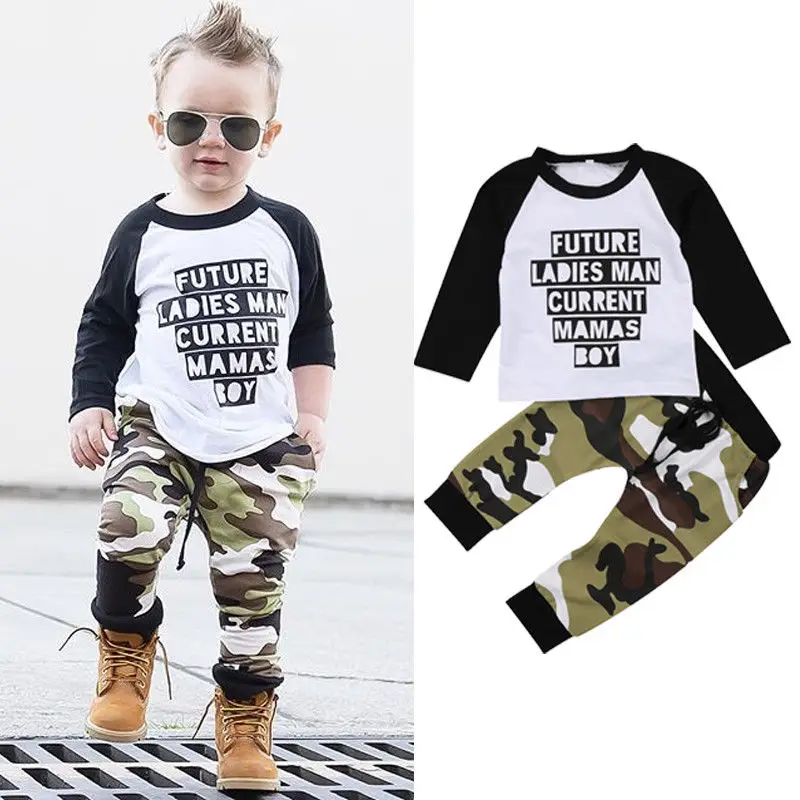 2pcs Kids Baby Boy Clothes Mama's Boy T Shirt Top + Camouflage Long