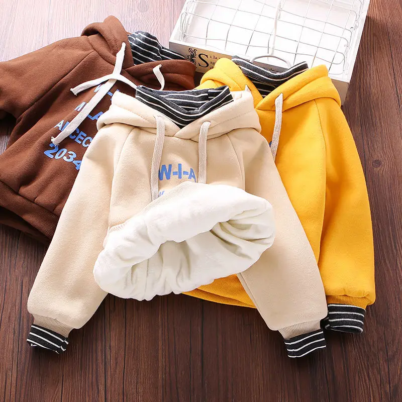 Детская коллекция года, осенне-зимняя теплая толстовка с капюшоном в Корейском стиле свитер с имитацией вельвета для мальчиков и девочек