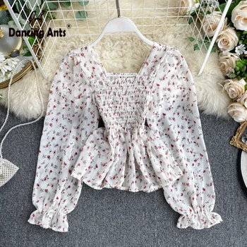 

Women Skinny Shirt Long Sleeve Ruffles Slim Shirts Female Broken Flower Print Tops 2020 Chiffon Vintage Casual Chic Blouse