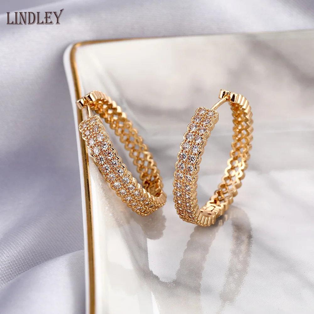 

LINDLEY New dangle Hoop Gold Earrings for Women 585 rose gold zircon earrings fine long luxury Micro inlay CZ Hip Hop Jewelry