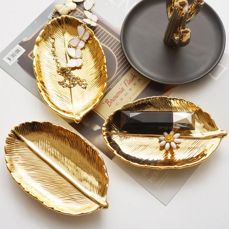 Golden Leaf Shaped Small Ceramic Jewelry Ring Dish Necklace Bracelet Holder Tray Organizer Decorative Trinket | Украшения и
