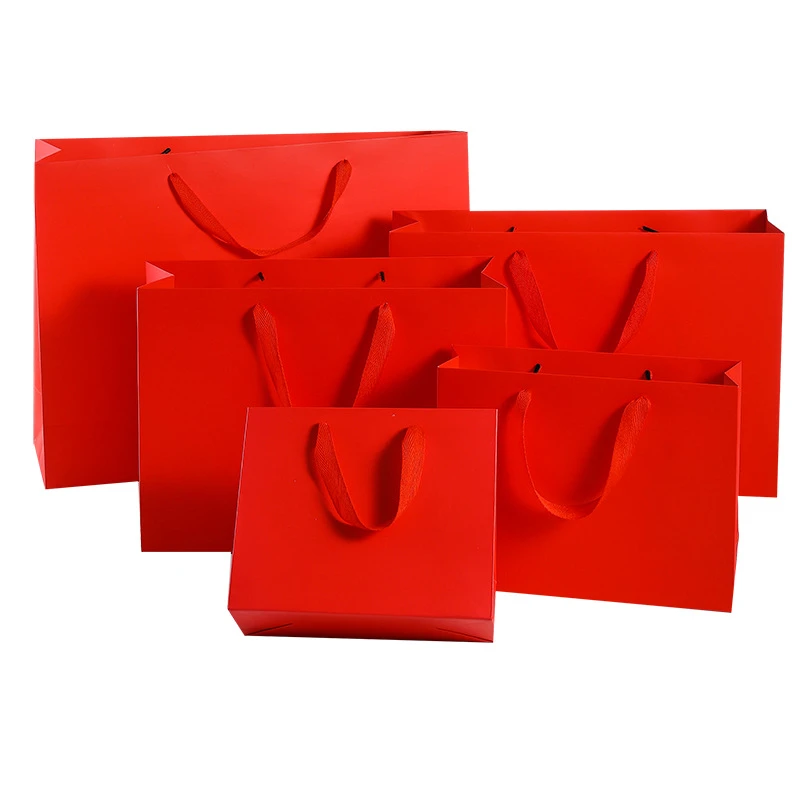 1pc Multi size red Kraft Paper gift Bags with handles Shopping Package