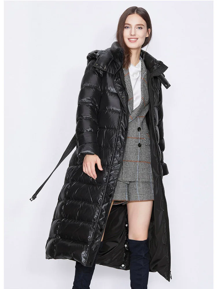 Black down jacket women's winter new style zipper removable hood black long belted coat