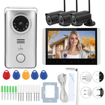 

2.4G Wireless Video Intercom 7in TFT LCD Doorbell Swipes Card Night Vision Visual Doorphone with 3 Security Camera 100-240V