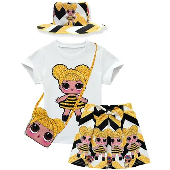 

2020 New Toddler Girls Summer Clothes Set Lol Cartoon Dolls Kids Clothes Cotton T-shirt and Skirt Bag Princess Dress Girl