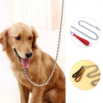 

Metal Dog Chain Waking Dog Traction Rope Pet Leash Collar With PU Leather Handle Outdoor Dog Training Running Lead Pet Supplies