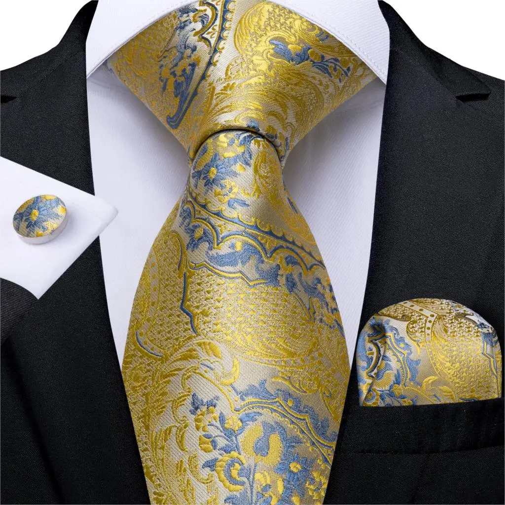 Модный мужской галстук золотого и синего цветов, шелковый свадебный галстук для мужчин, запонки, подарочный набор галстуков, новый дизайн