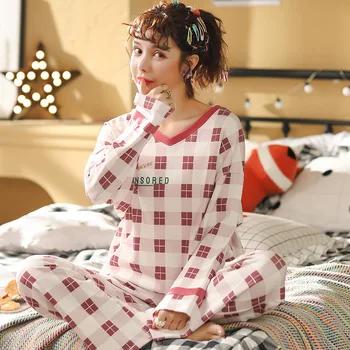 

Oversized Cotton Women Pajamas Set Sleepwear Casual Loose 2PCS Shirt&pant Nightwear Pijamas Suit Print Long Sleeve Home Clothes