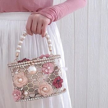 

Brand Flower Evening Bag Women Hollow Out Handbag Bird Cage Pearl Messenger Bags Geometric Pattern Clutches Party Prom Purses