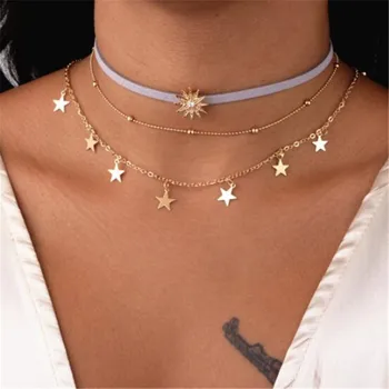 

Trendy Crystal Star Sun Choker Necklace Woman Girl Multi layer Statement Tattoo Boho Pendants Necklaces Gold Jewelry 2019 New